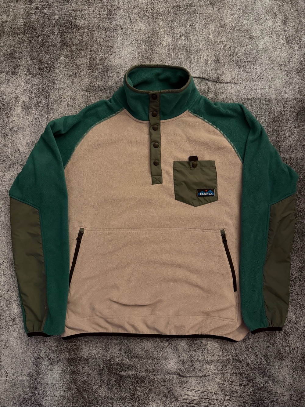 KAVU Teannaway Fleece Pullover Green & Tan Men's Large